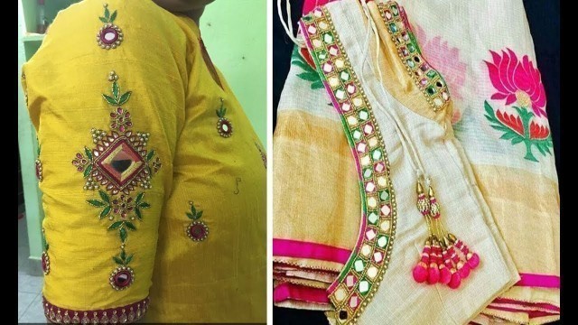 'Simple Mirror Work Blouse Designs For Plain Sarees | Simple Blouse| Blouse Patterns With Mirror Work'