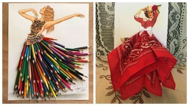 'girls sketches creative fashion design with everyday objects'