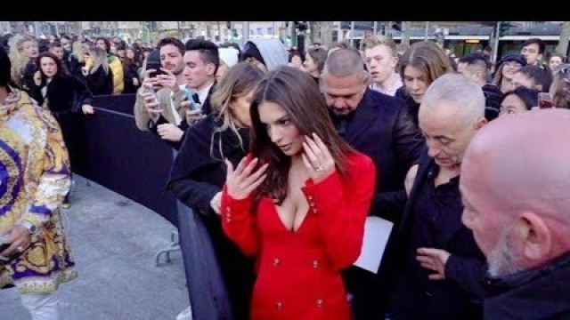 'Lady in red Emily Ratajkowski attend the Versace Fashion Show in Milan'