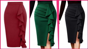 'New creative fashion side Ruffle slit formal office wear women bodycon pencil skirts designs'