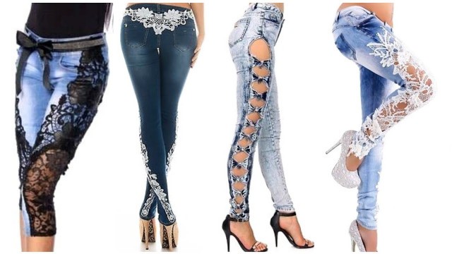 'Women fashion cool  jeans feature sexy see through floral patterned lace panel on both sides'