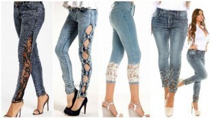 'fashion hottest capri jeans feature sexy see through floral patterned lace panel on both sides'